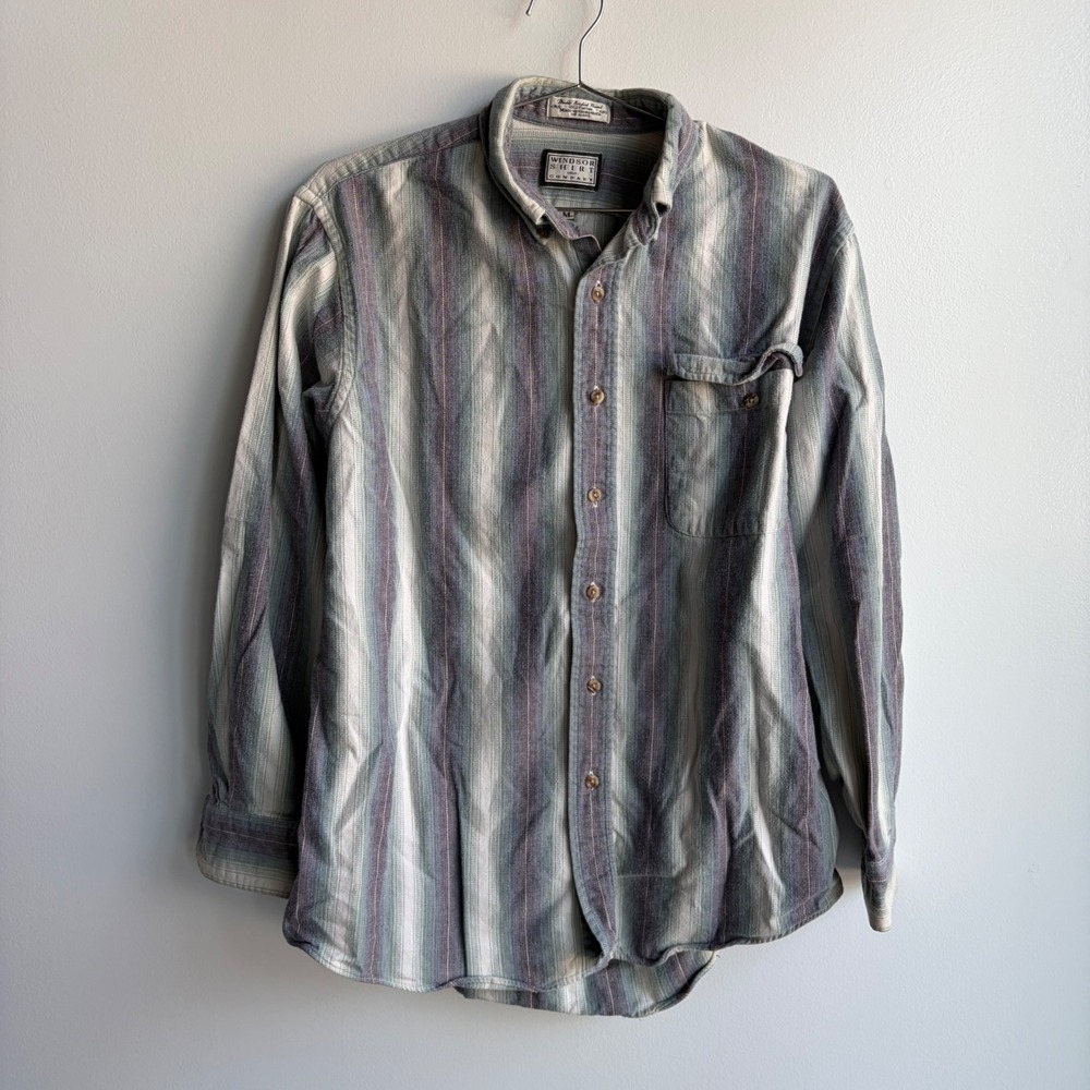 Windsor Shirt Company Mens Medium Flannel Button Up Vertical Stripe Green Purple